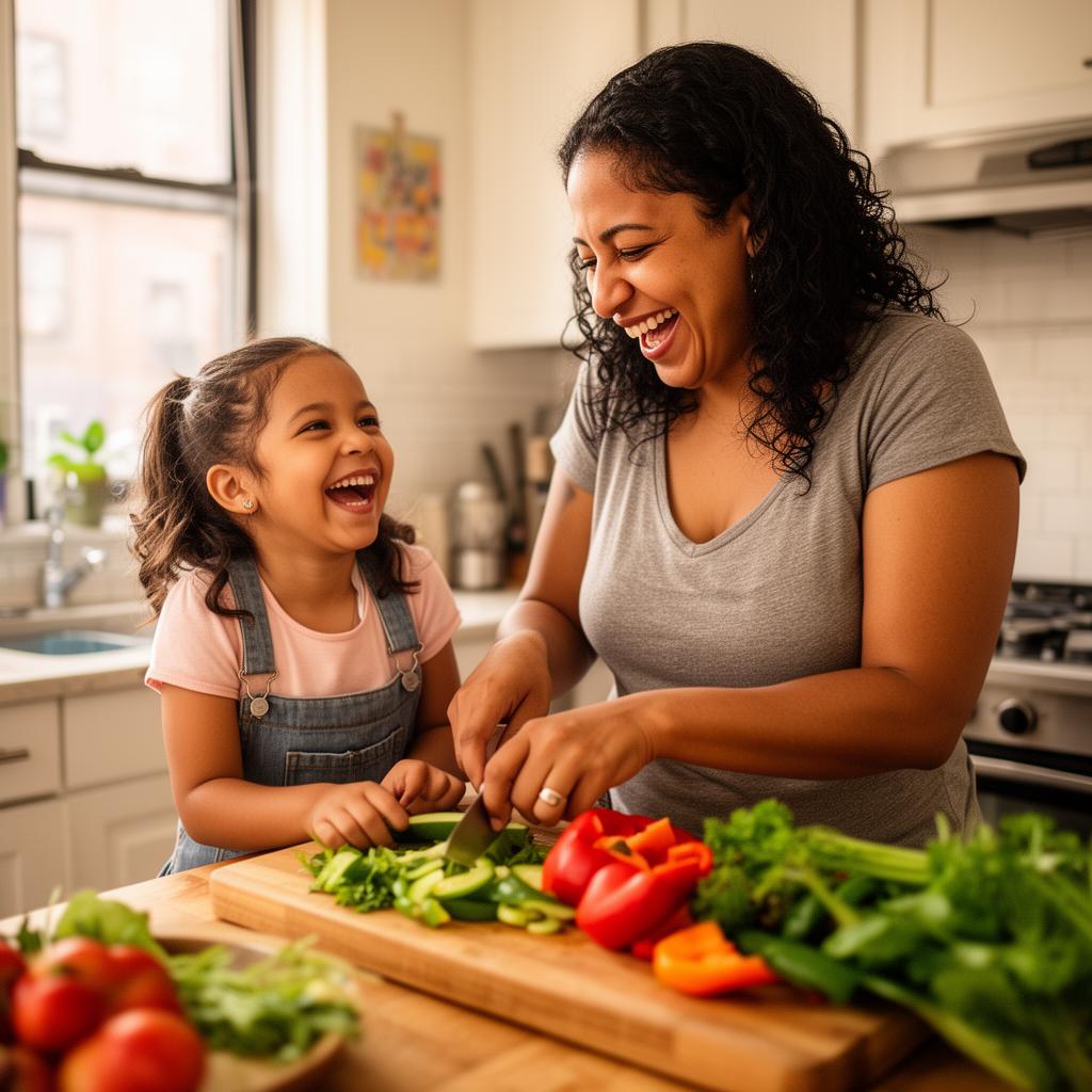 A mother and daughter preparing fresh vegetables together in their kitchen