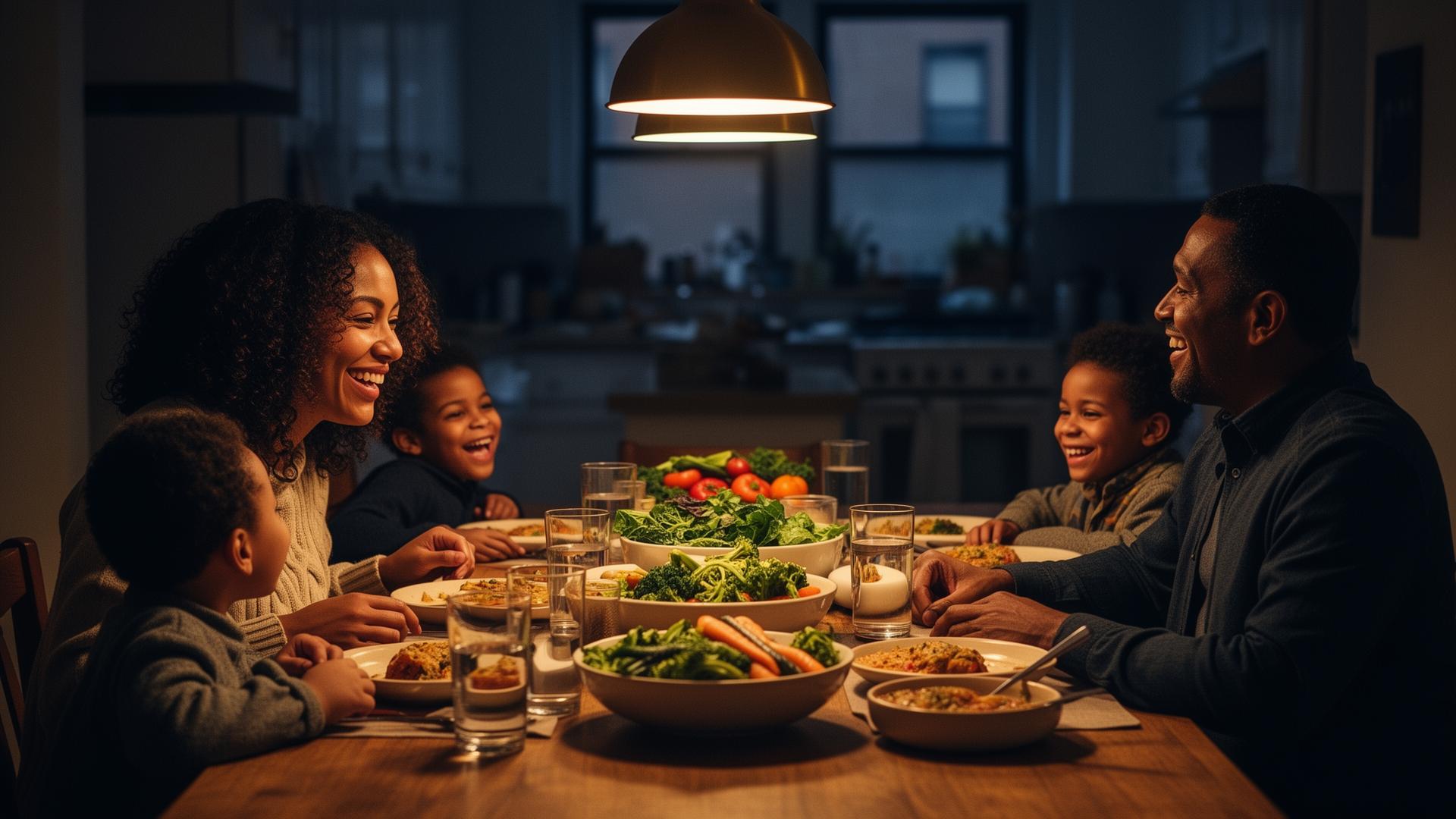 A family gathered around their dinner table, sharing a warm meal together